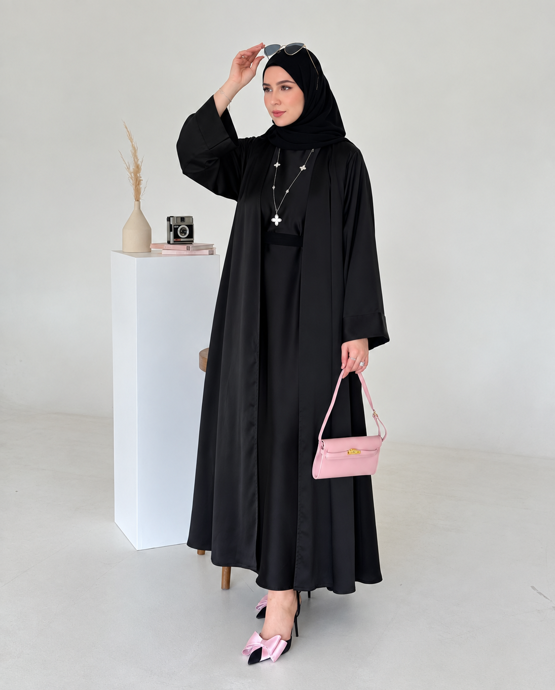 Black Satin Armani Silk Abaya Set with Inner & Sheila - 0926166