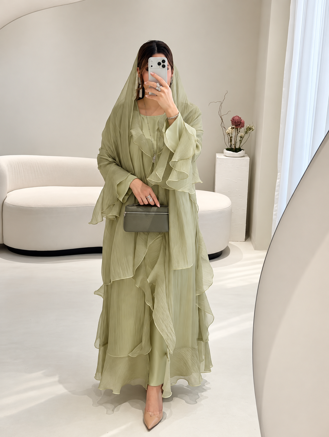 Soft Sage Tissue Organza Layered Abaya Set - 0926169