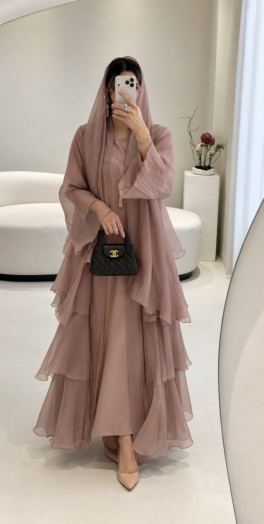 Dusty Rose Tissue Organza Layered Abaya Set - 0926170