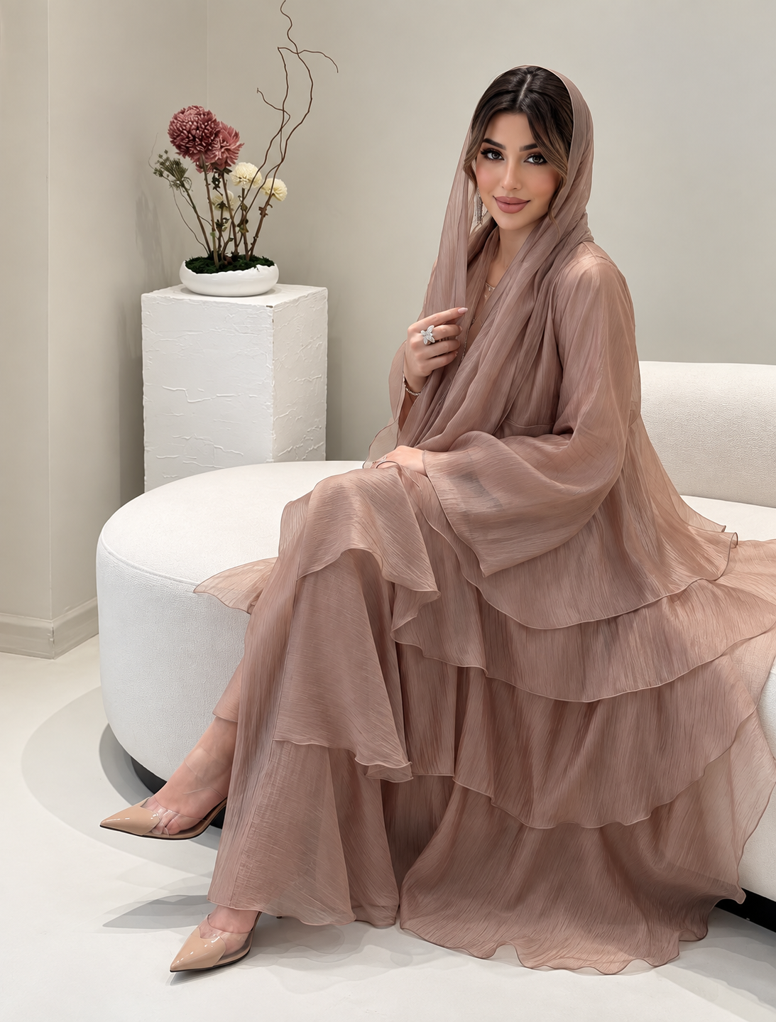 Dusty Rose Tissue Organza Layered Abaya Set - 0926170
