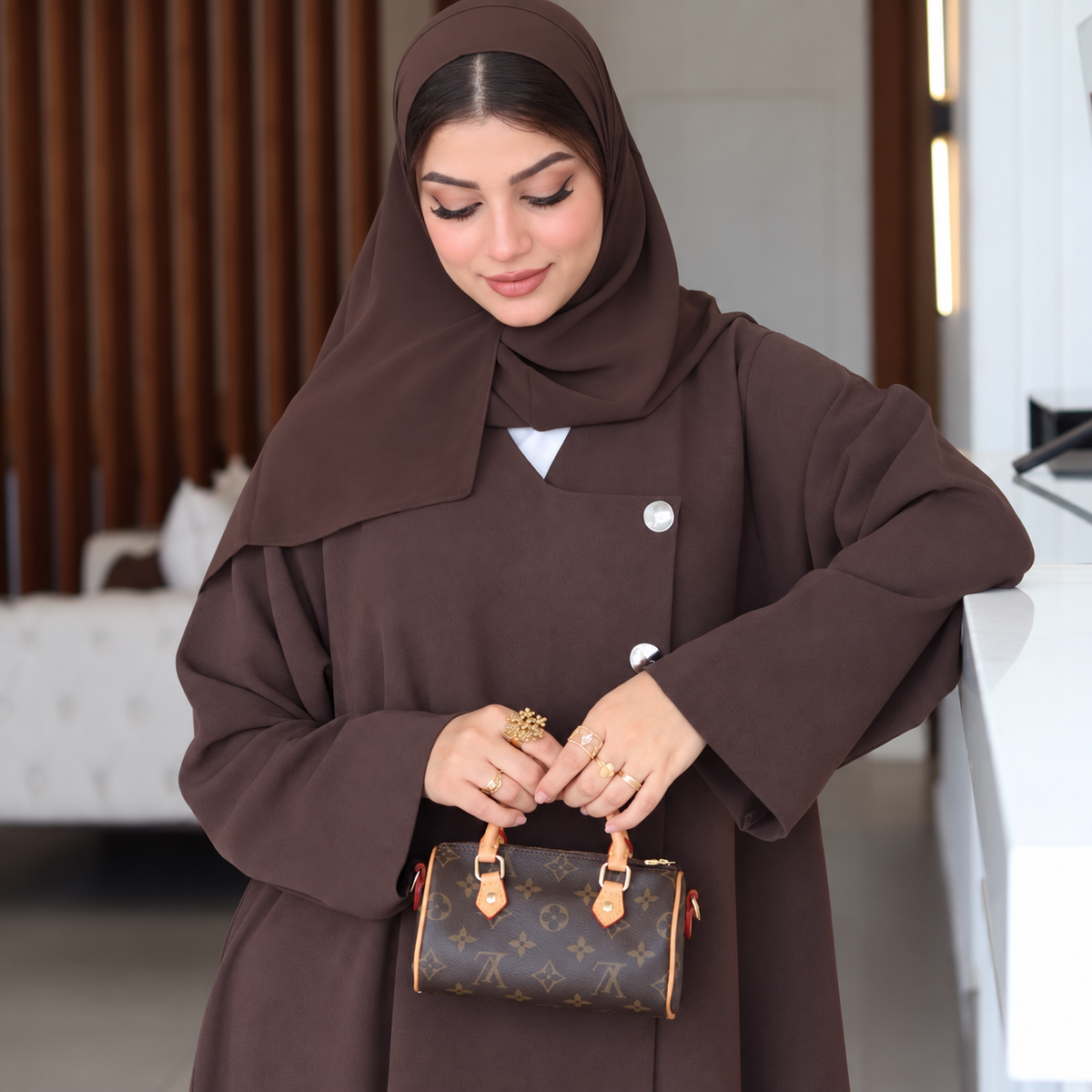 Chocolate Brown Barbie Fabric Abaya with Matching Hijab - 0926175