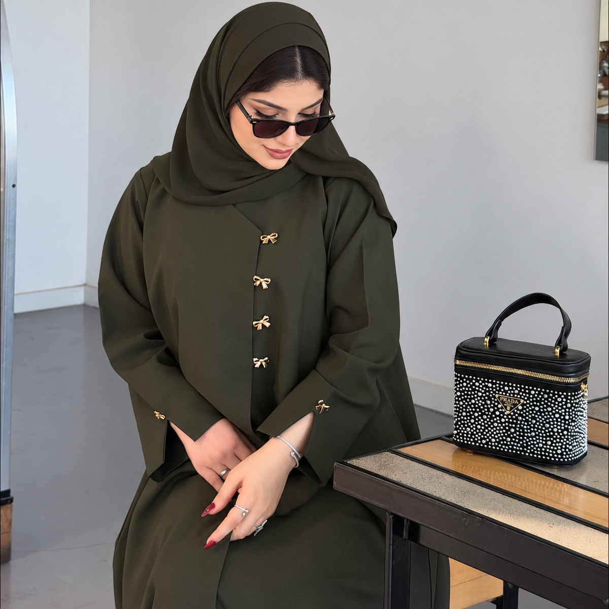 Olive Green  Abaya Set - 0926179
