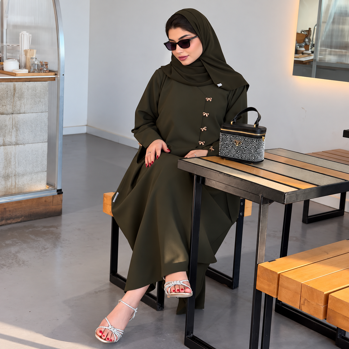 Olive Green  Abaya Set - 0926179