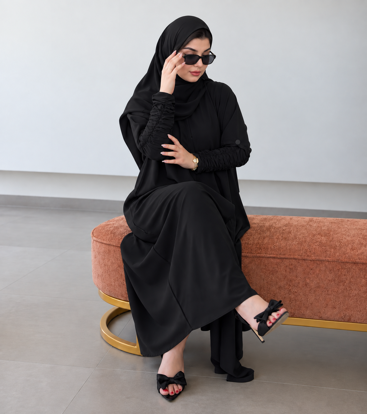Black Ruched Sleeve Abaya & Hijab Set - 0926180