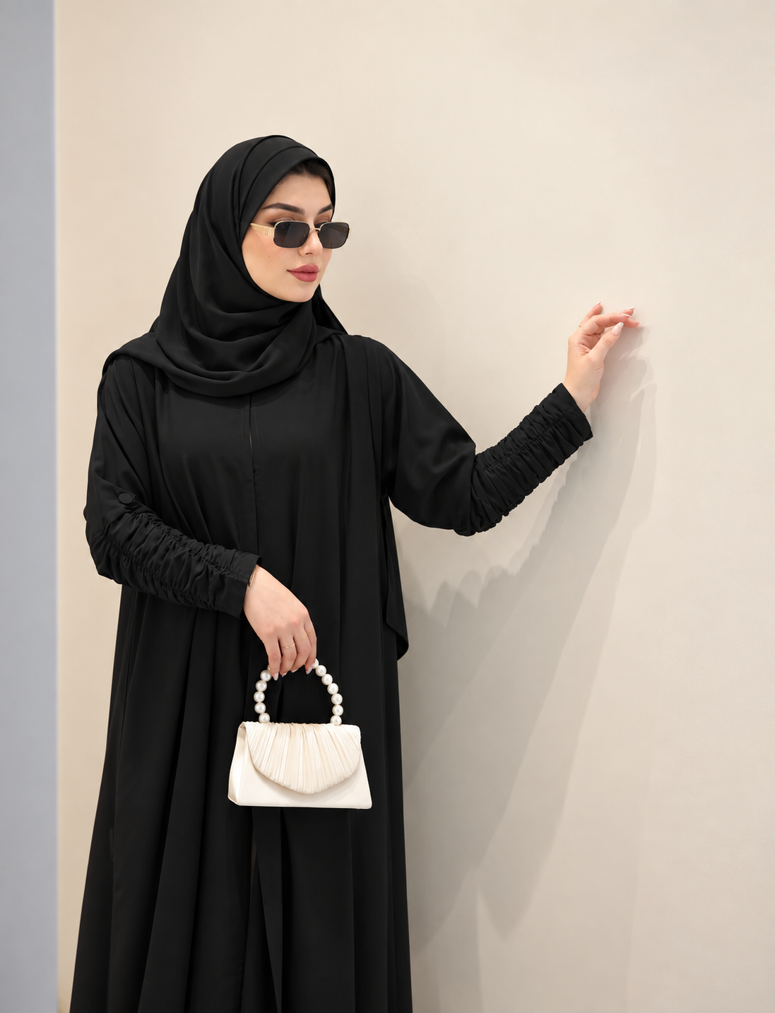 Black Ruched Sleeve Abaya & Hijab Set - 0926180