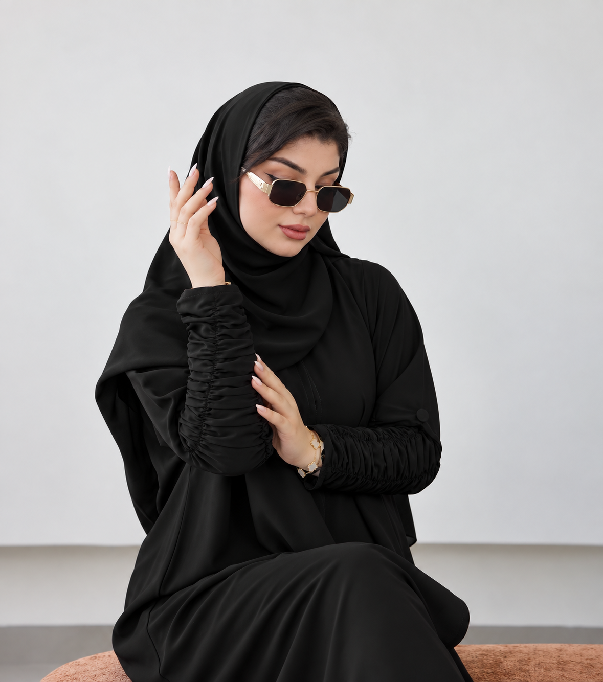 Black Ruched Sleeve Abaya & Hijab Set - 0926180