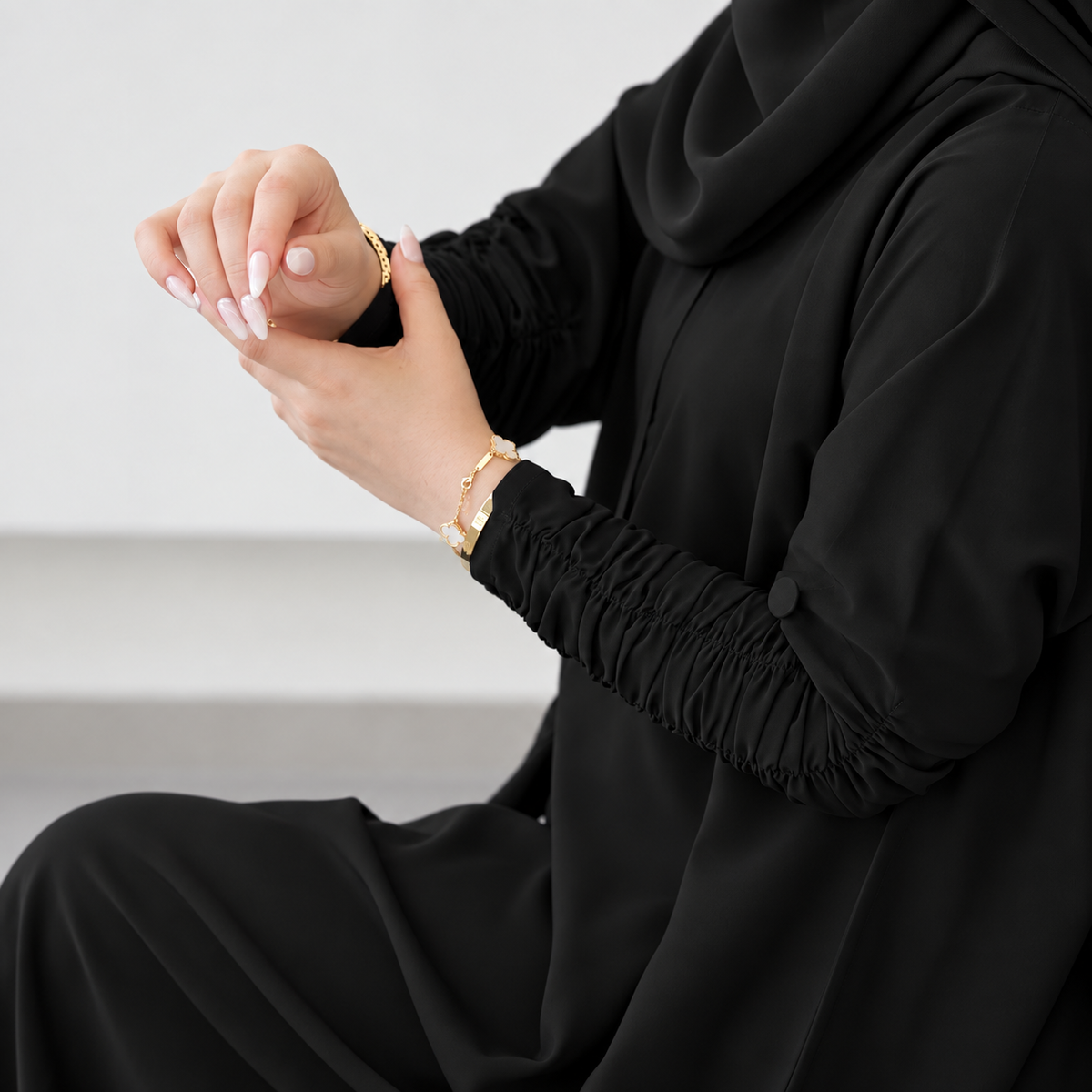 Black Ruched Sleeve Abaya & Hijab Set - 0926180
