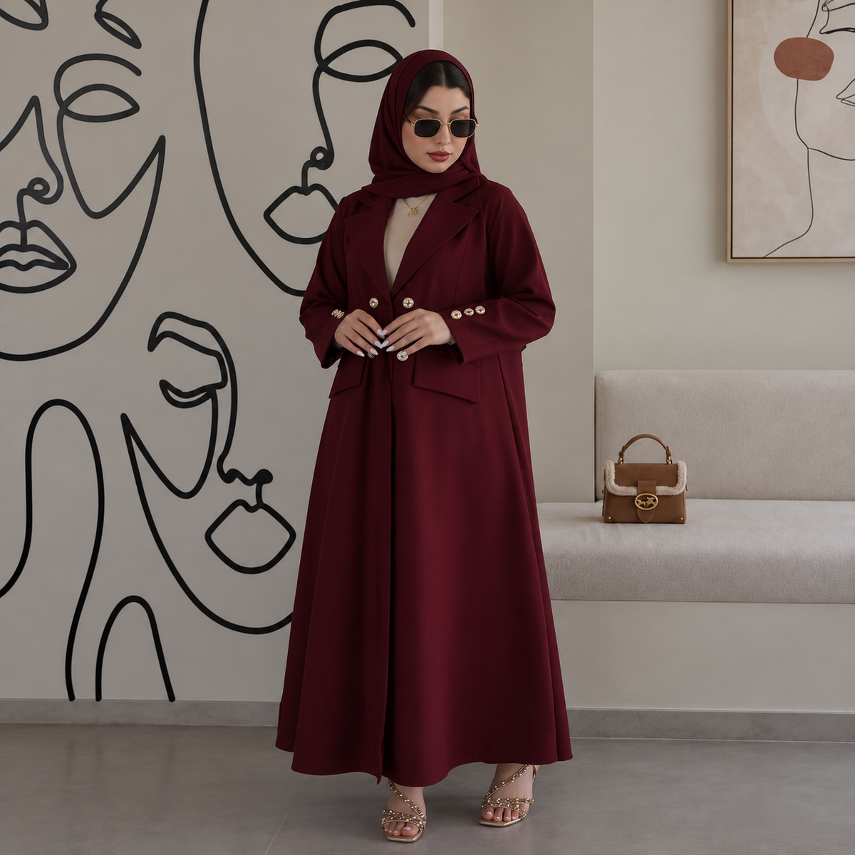 Burgundy Blazer Style Abaya & Hijab Set - 0926181