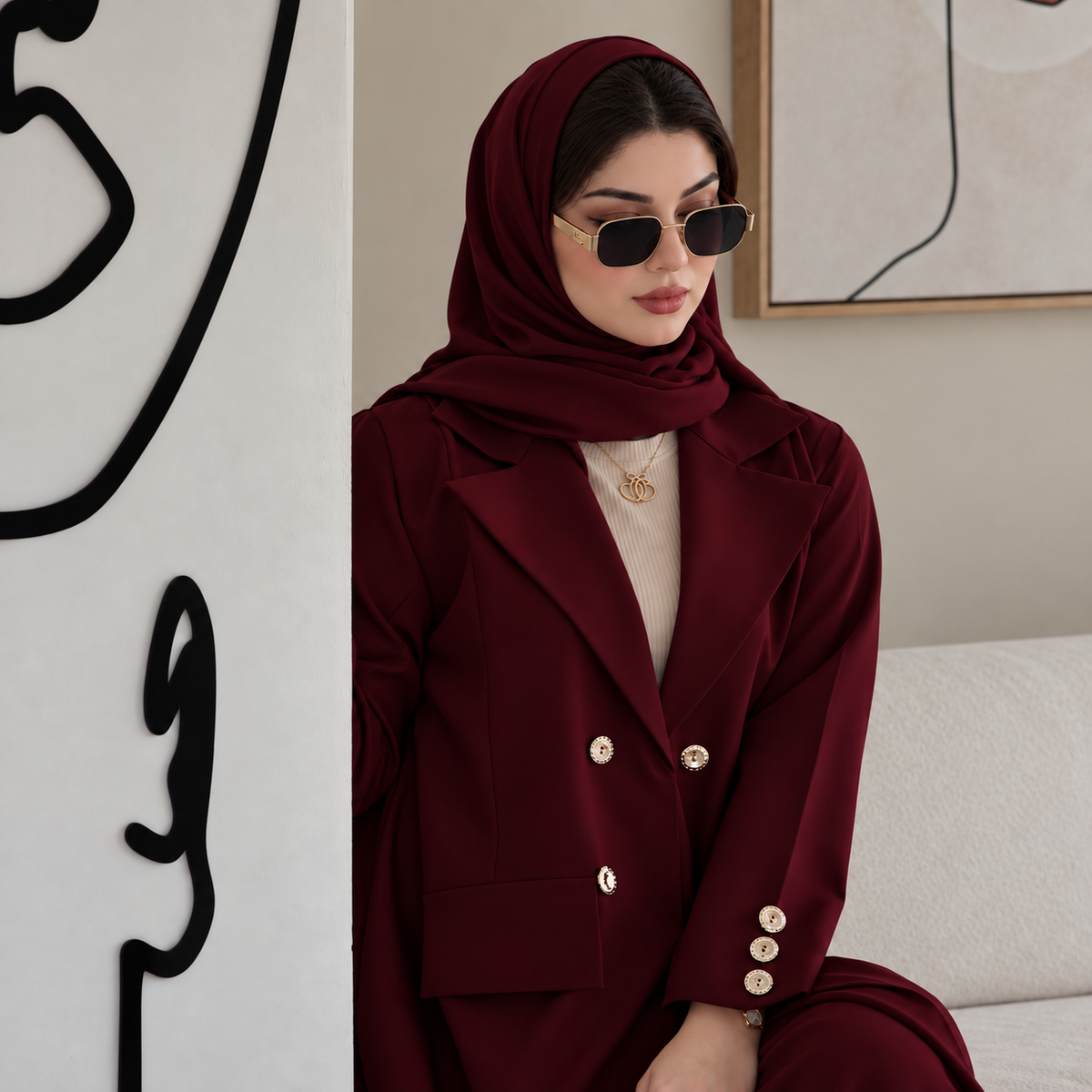 Burgundy Blazer Style Abaya & Hijab Set - 0926181