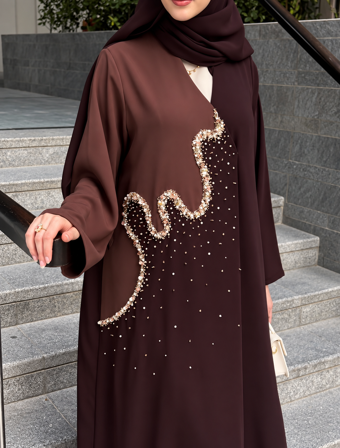 Brown Embellished Abaya – Pearl & Crystal Wave Detail - 0926184