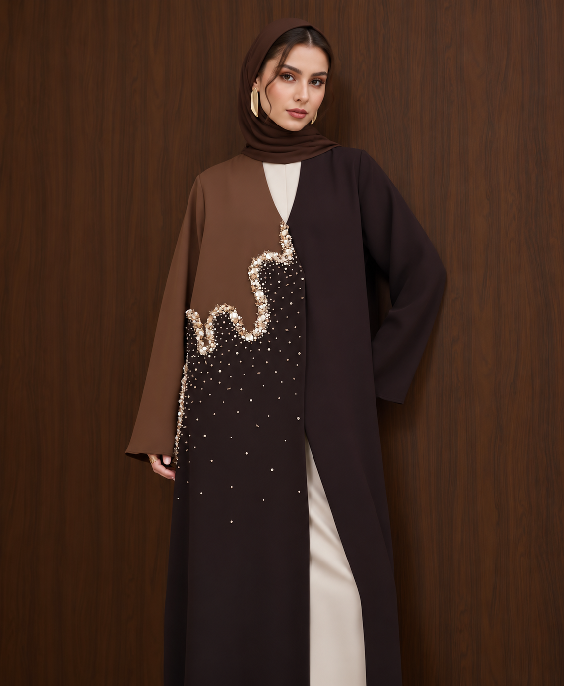 Brown Embellished Abaya – Pearl & Crystal Wave Detail - 0926184