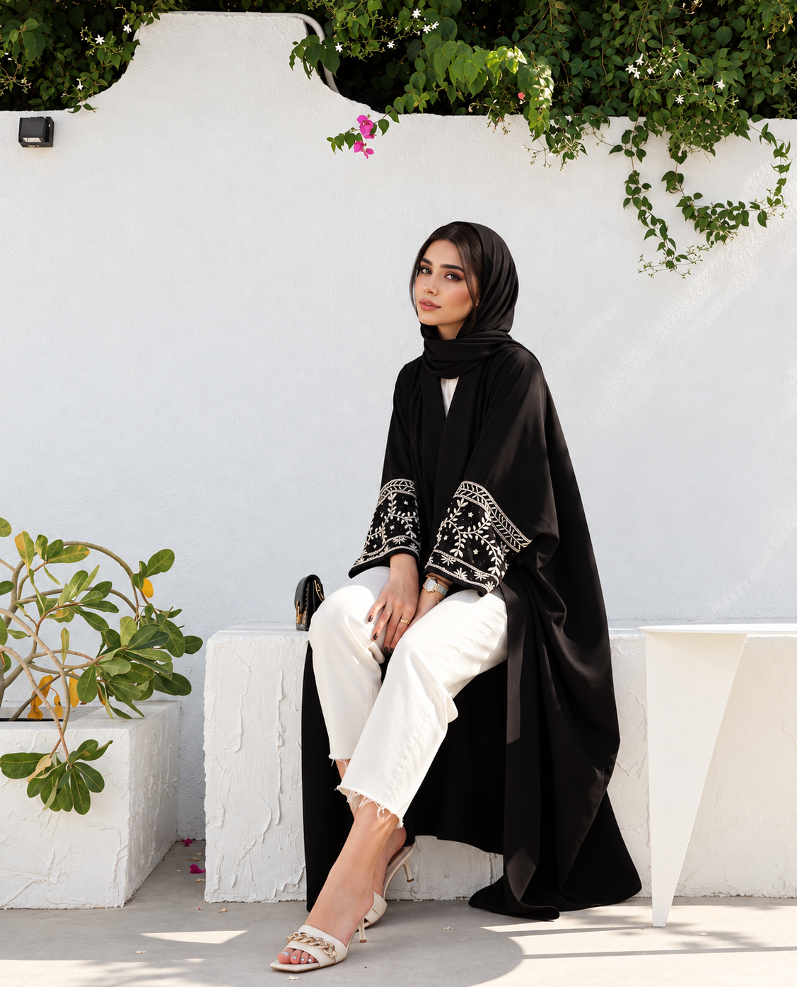 Black  White Pearl hand worked abaya with hijab –  0926185