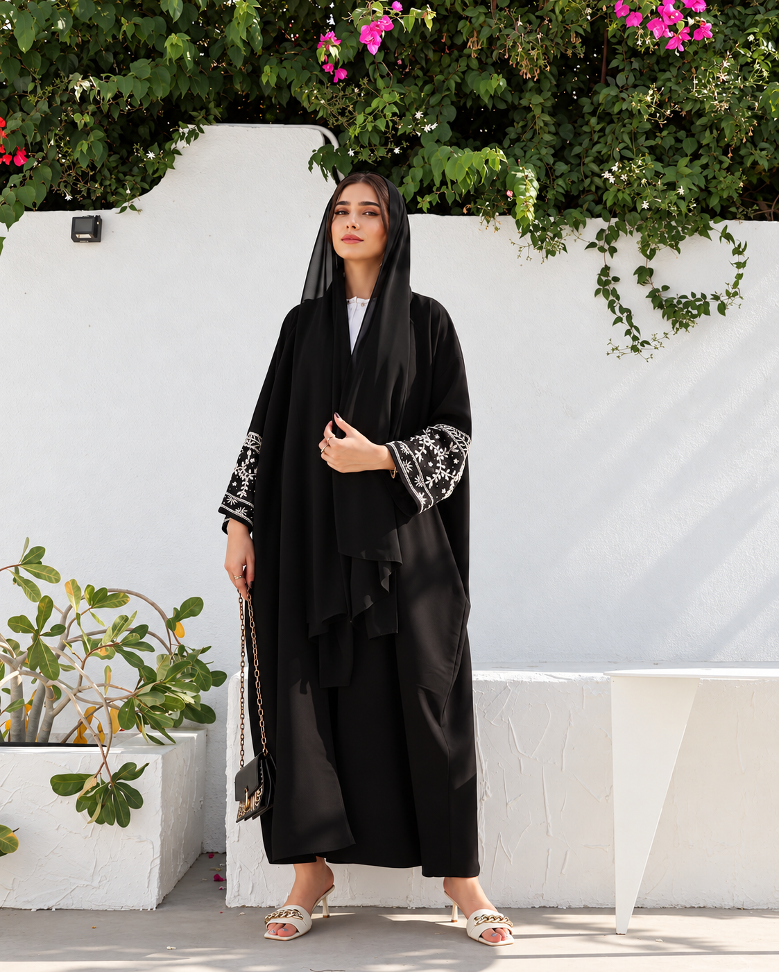 Black  White Pearl hand worked abaya with hijab –  0926185