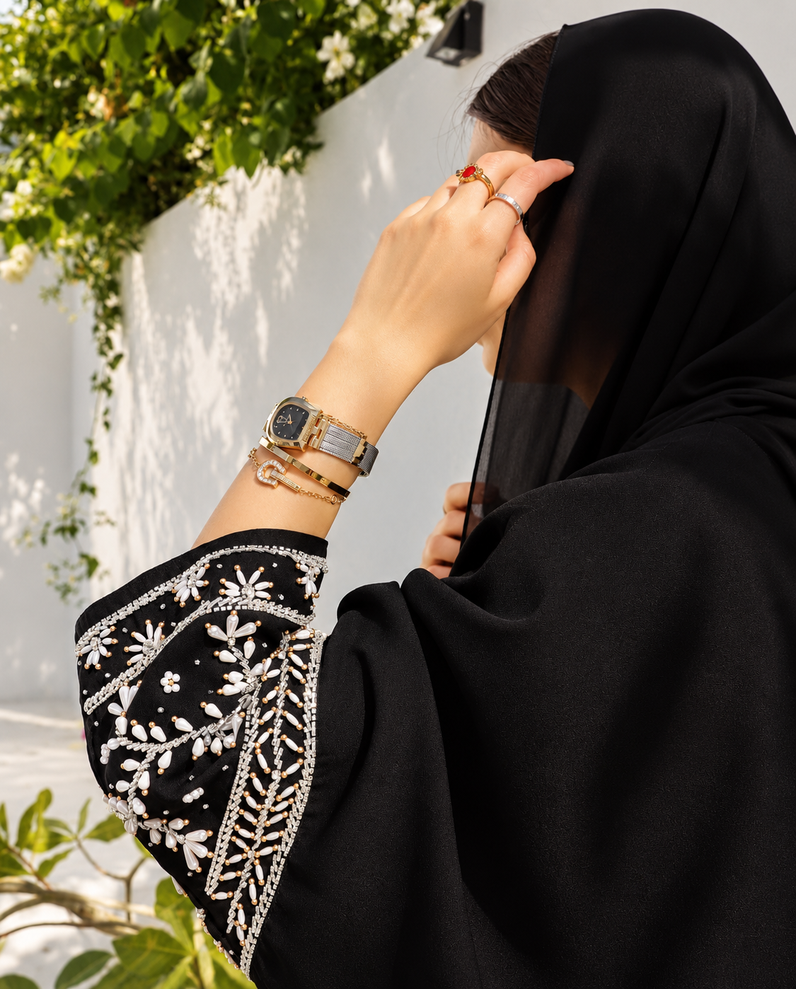 Black  White Pearl hand worked abaya with hijab –  0926185