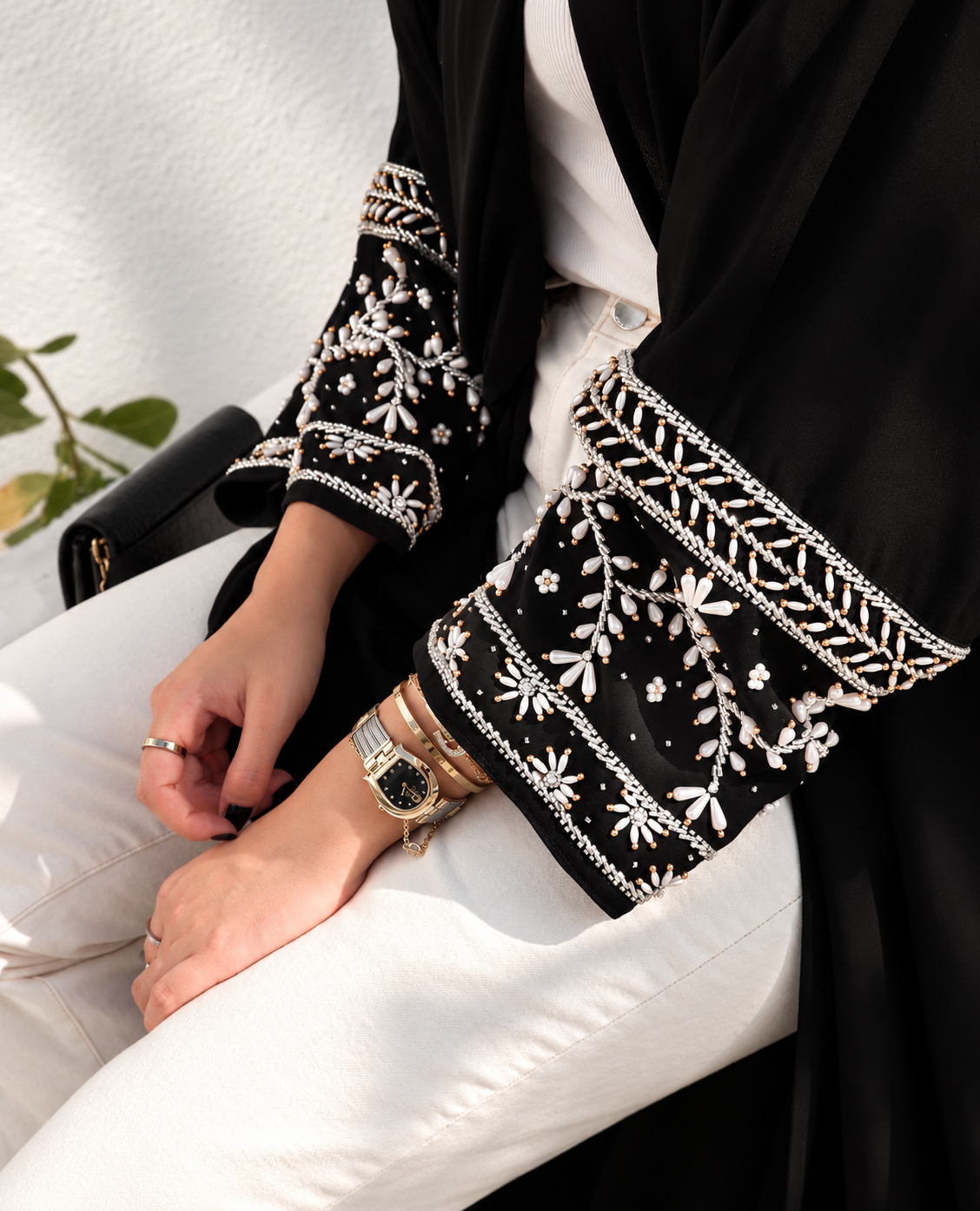 Black  White Pearl hand worked abaya with hijab –  0926185