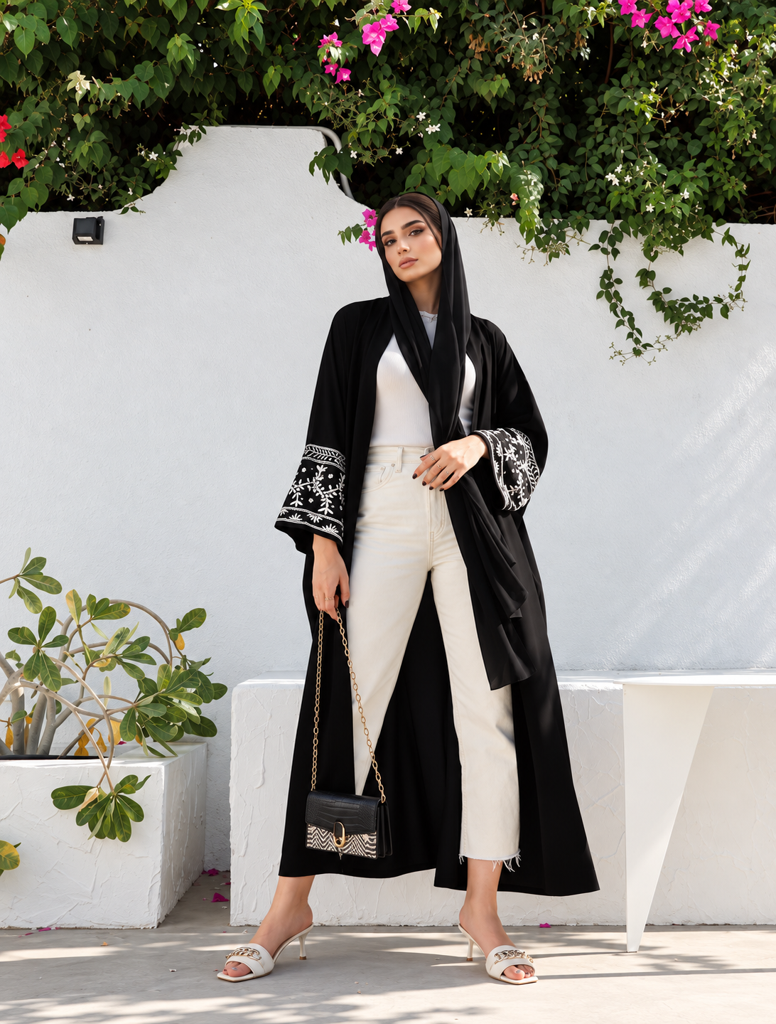 Black  White Pearl hand worked abaya with hijab –  0926185