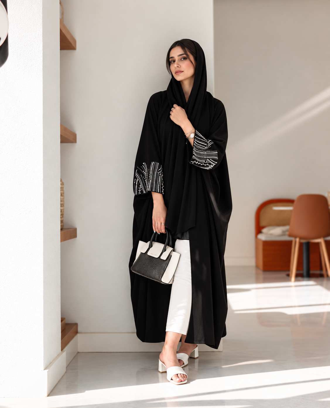 Black Pearl Embellished crystals pearls Statement Sleeve Abaya with hijab - 0926186