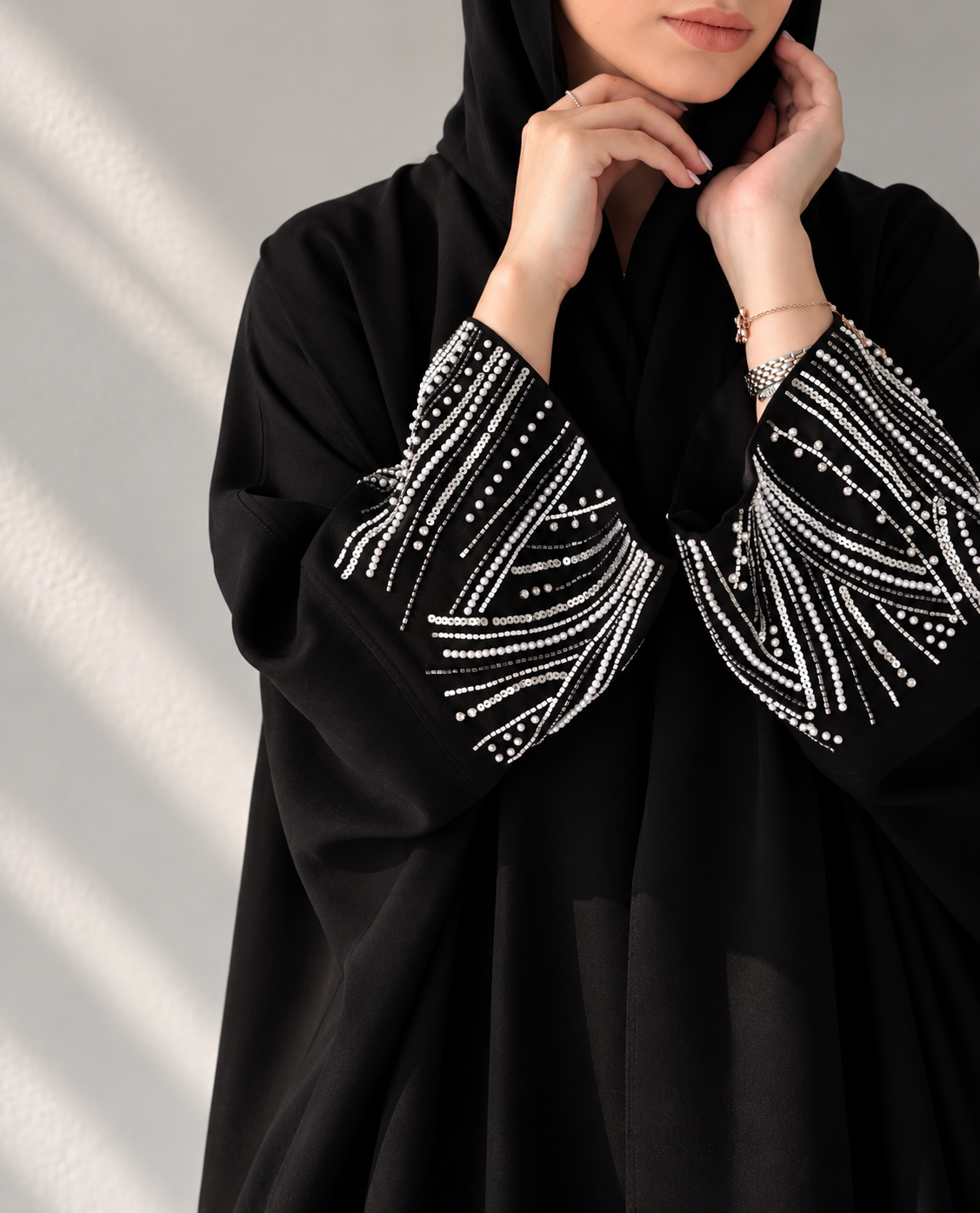 Black Pearl Embellished crystals pearls Statement Sleeve Abaya with hijab - 0926186