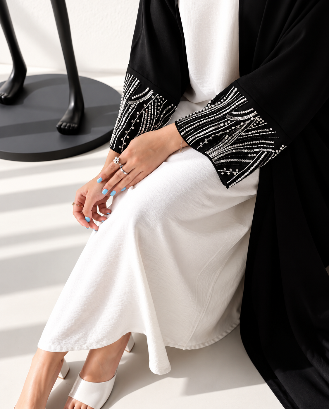 Black Pearl Embellished crystals pearls Statement Sleeve Abaya with hijab - 0926186