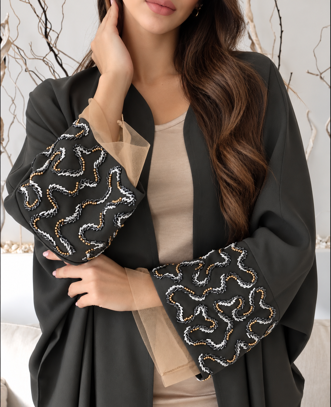 Grey Embellished  Beaded Statement Sleeves Abaya with Hijab And Inner - 0926187