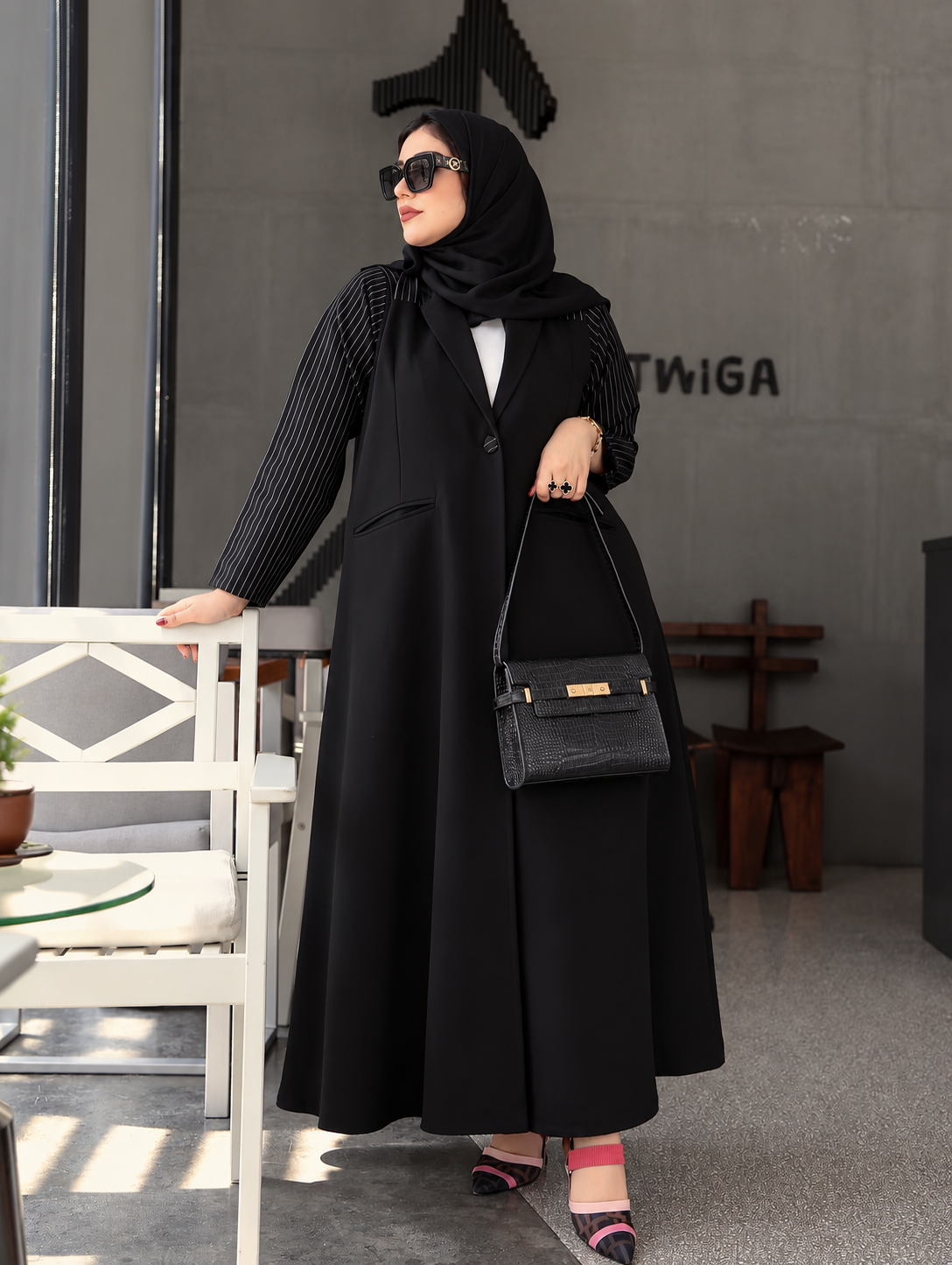 Black Pinstripe Sleeve Blazer Abaya 0926190