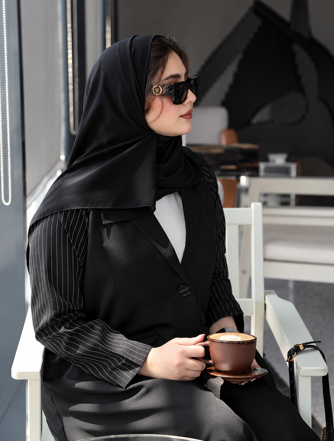 Black Pinstripe Sleeve Blazer Abaya 0926190