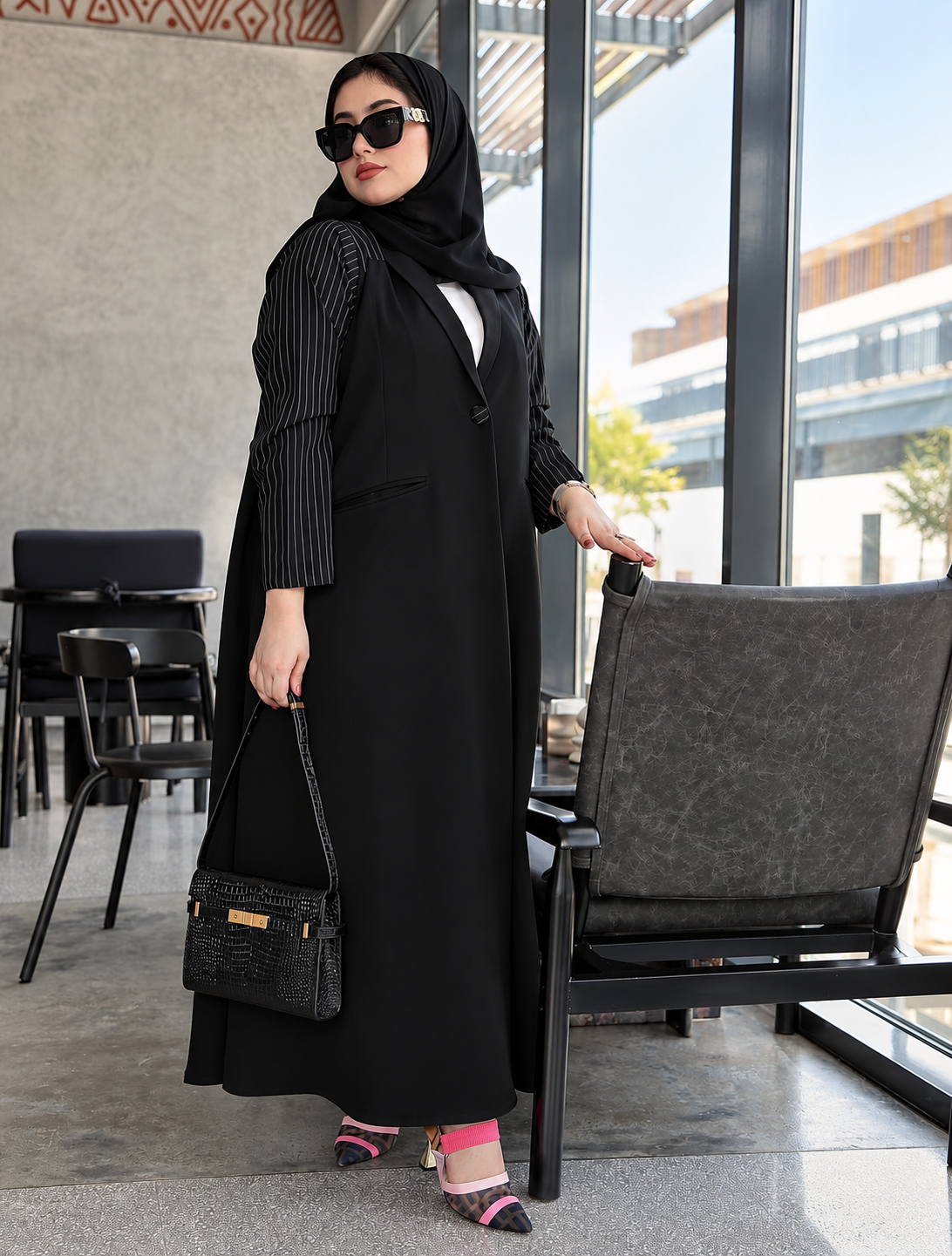 Black Pinstripe Sleeve Blazer Abaya 0926190