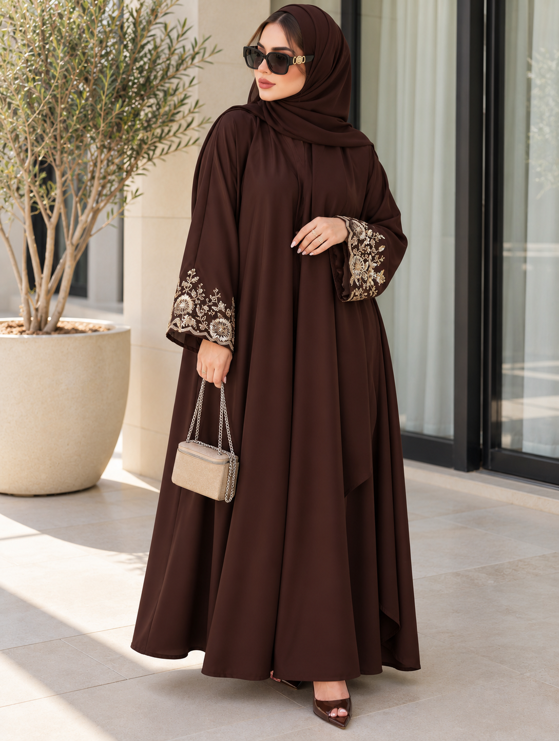 Chocolate Brown Floral Embroidered Abaya - 0926189