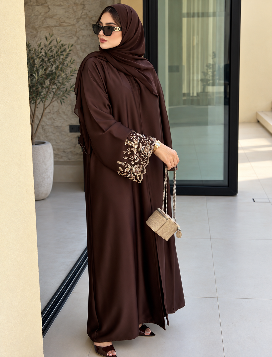 Chocolate Brown Floral Embroidered Abaya - 0926189