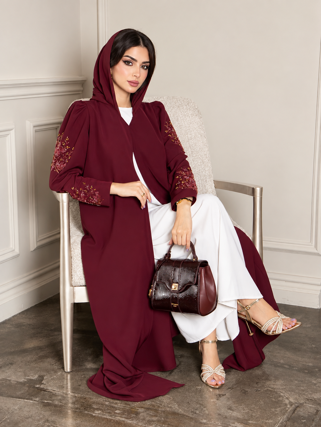Premium nida Burgundy Floral handwork Abaya 0926194