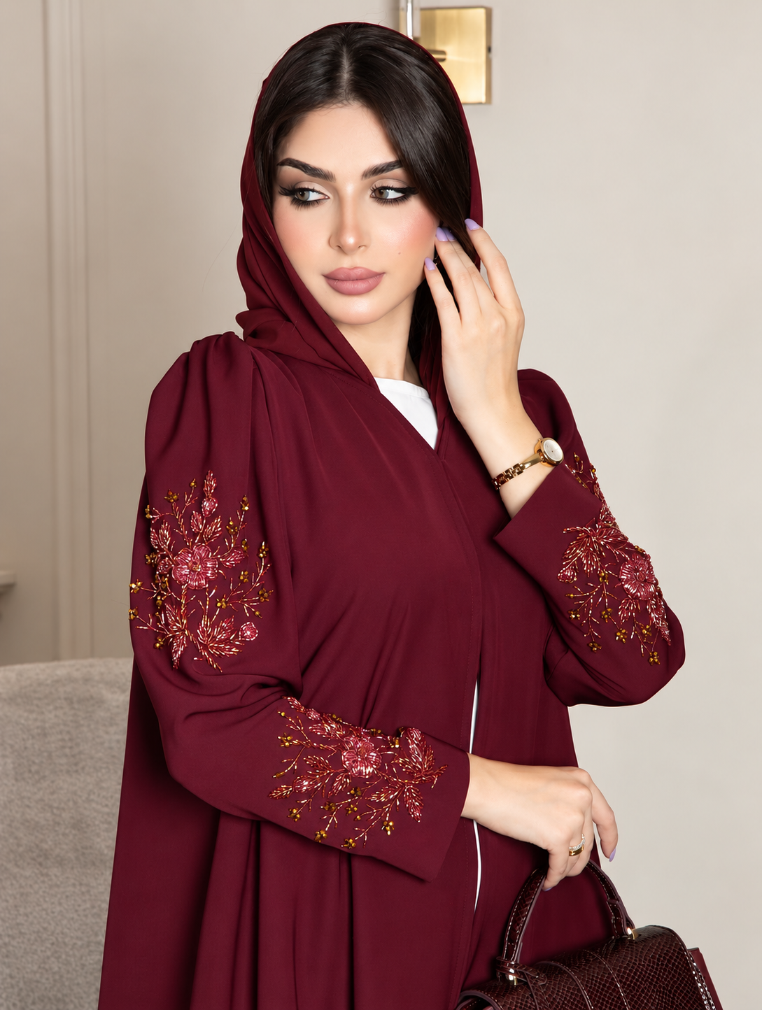 Premium nida Burgundy Floral handwork Abaya 0926194