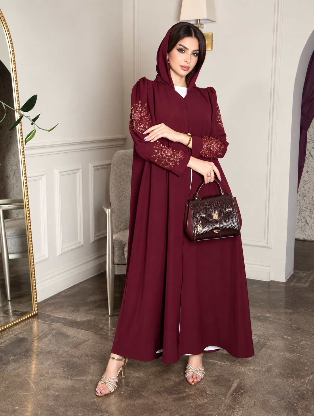 Premium nida Burgundy Floral handwork Abaya 0926194