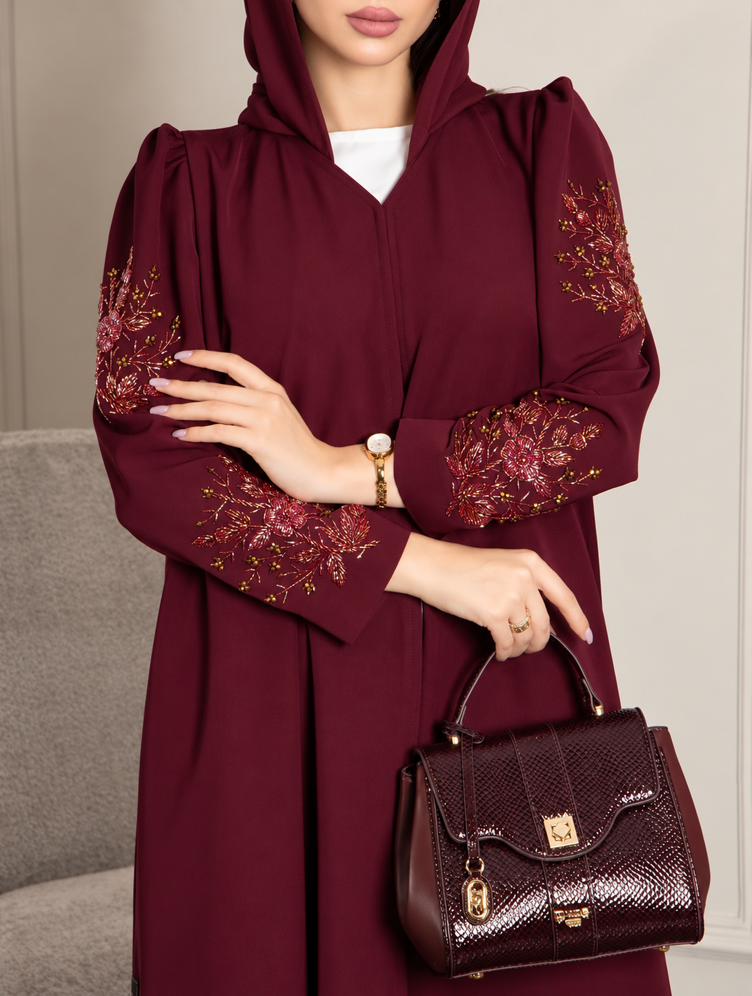 Premium nida Burgundy Floral handwork Abaya 0926194