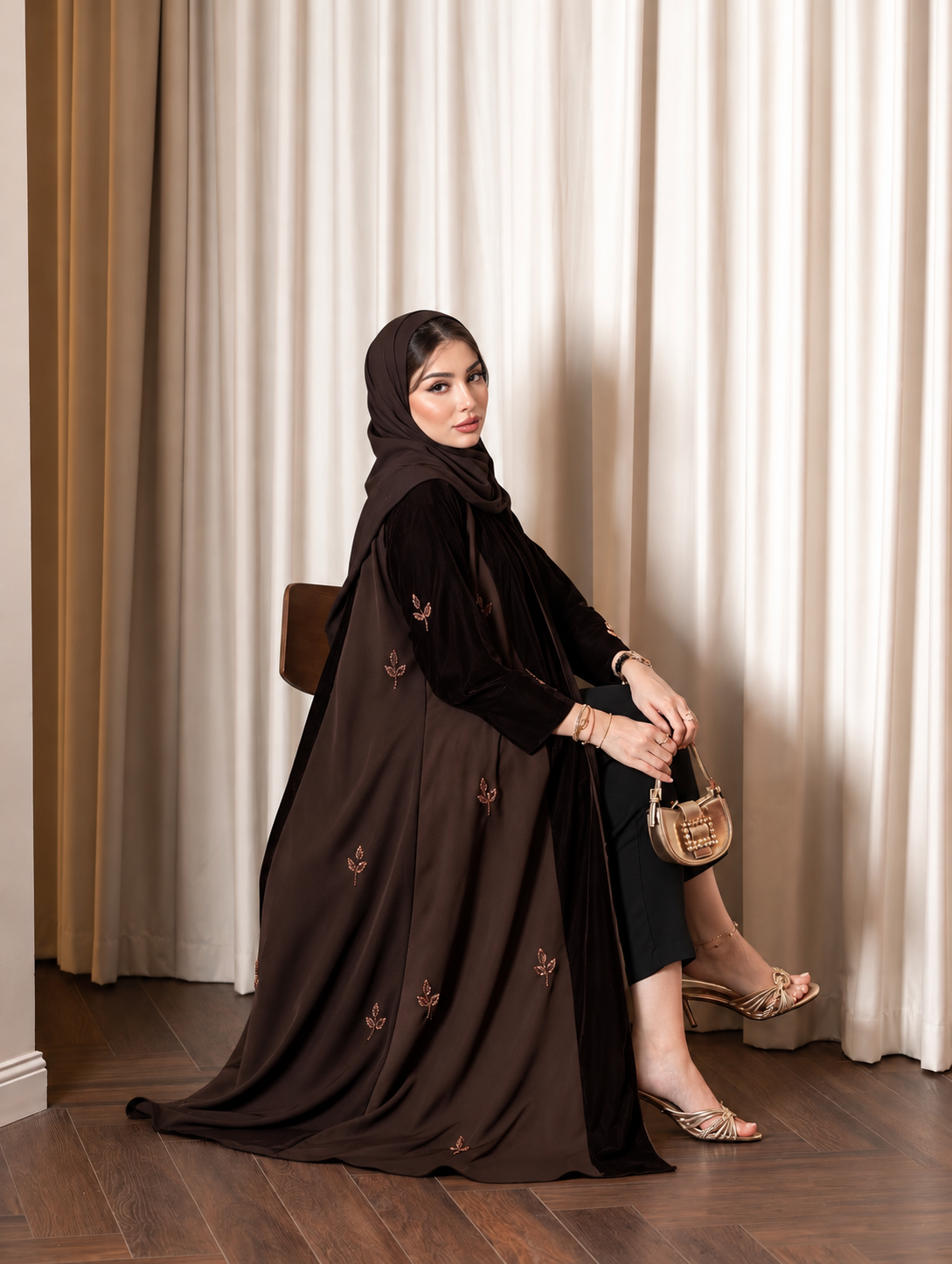 Premium Ajwa Chocolate Brown Velvet Panel Embroidered Abaya 0926195