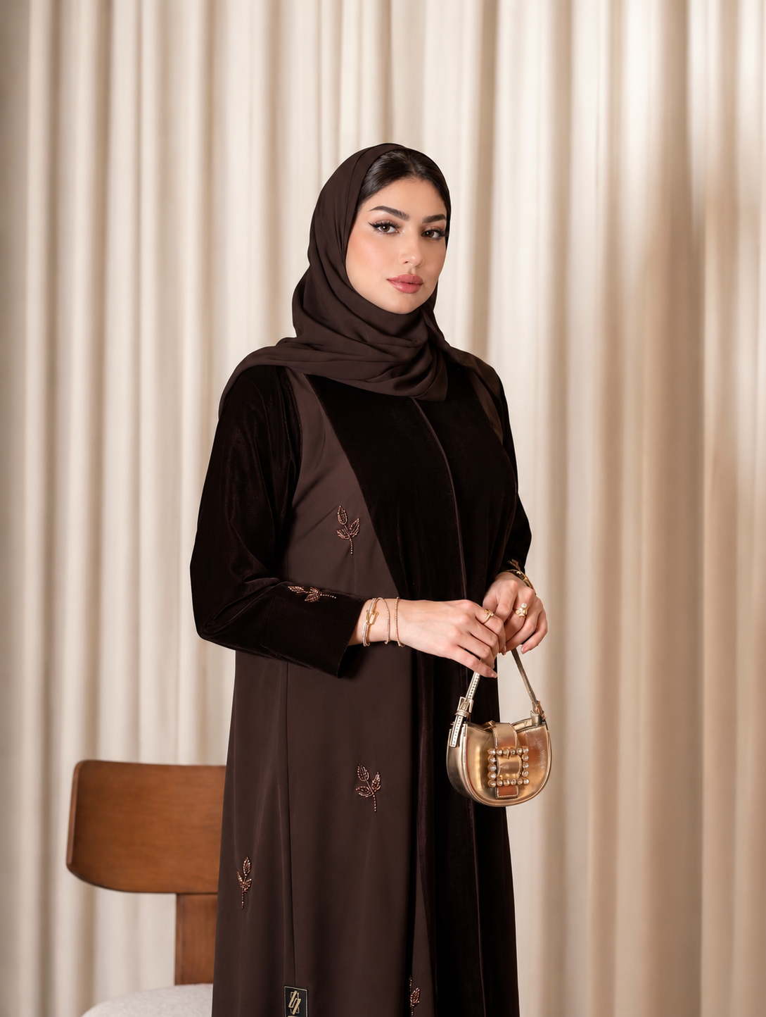 Premium Ajwa Chocolate Brown Velvet Panel Embroidered Abaya 0926195
