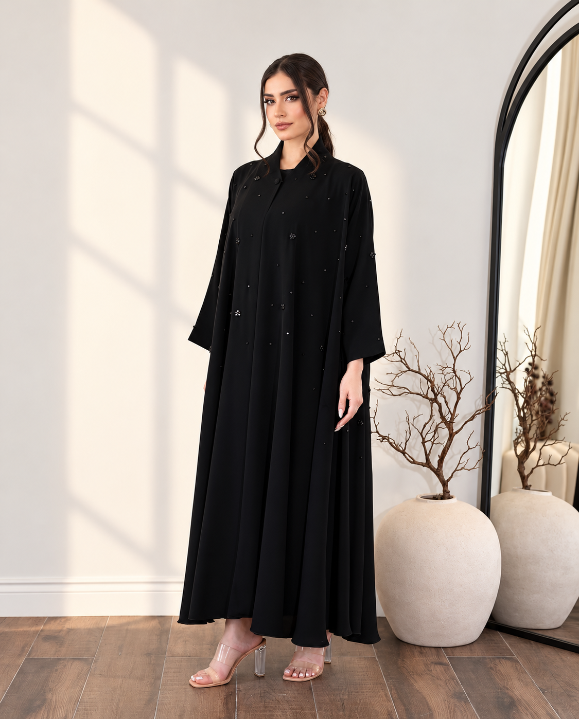 Premium ajwa Black Pearl Embellished Flared Abaya  0926196