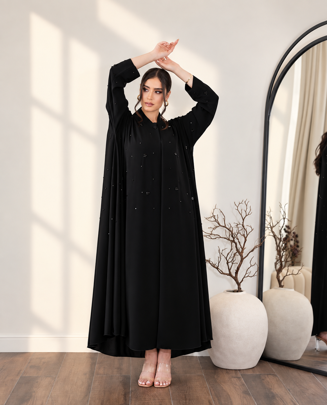 Premium ajwa Black Pearl Embellished Flared Abaya  0926196