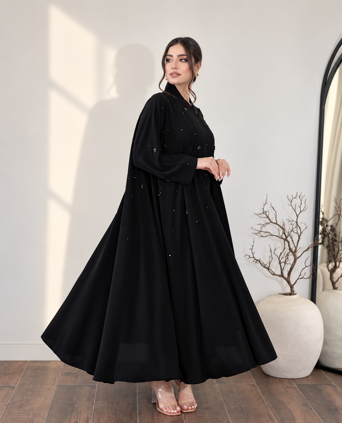 Premium ajwa Black Pearl Embellished Flared Abaya  0926196