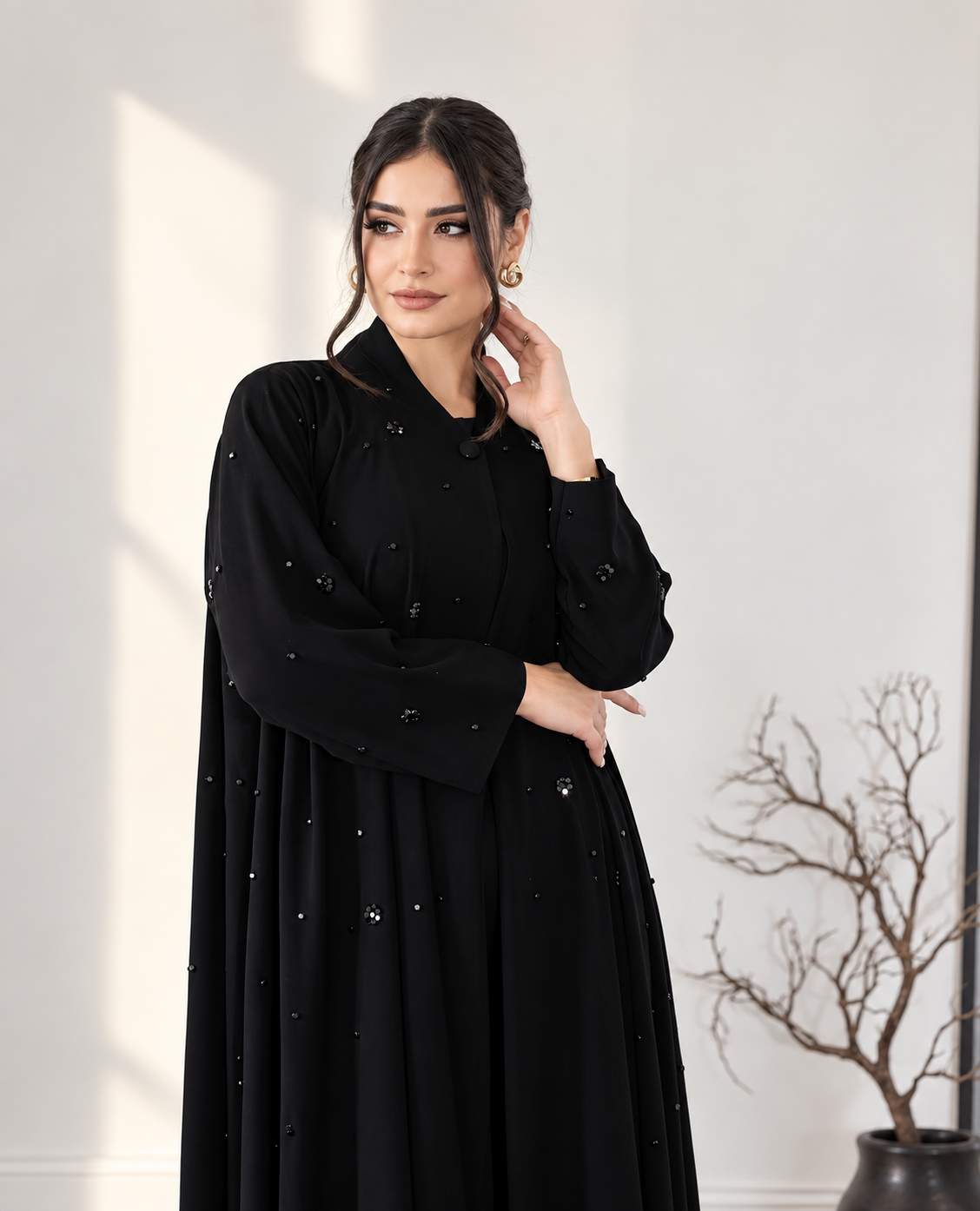 Premium ajwa Black Pearl Embellished Flared Abaya  0926196