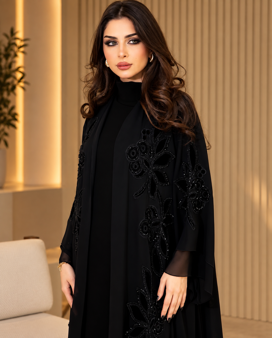 Double layer chiffon Black Floral Embroidered Abaya -  0926198