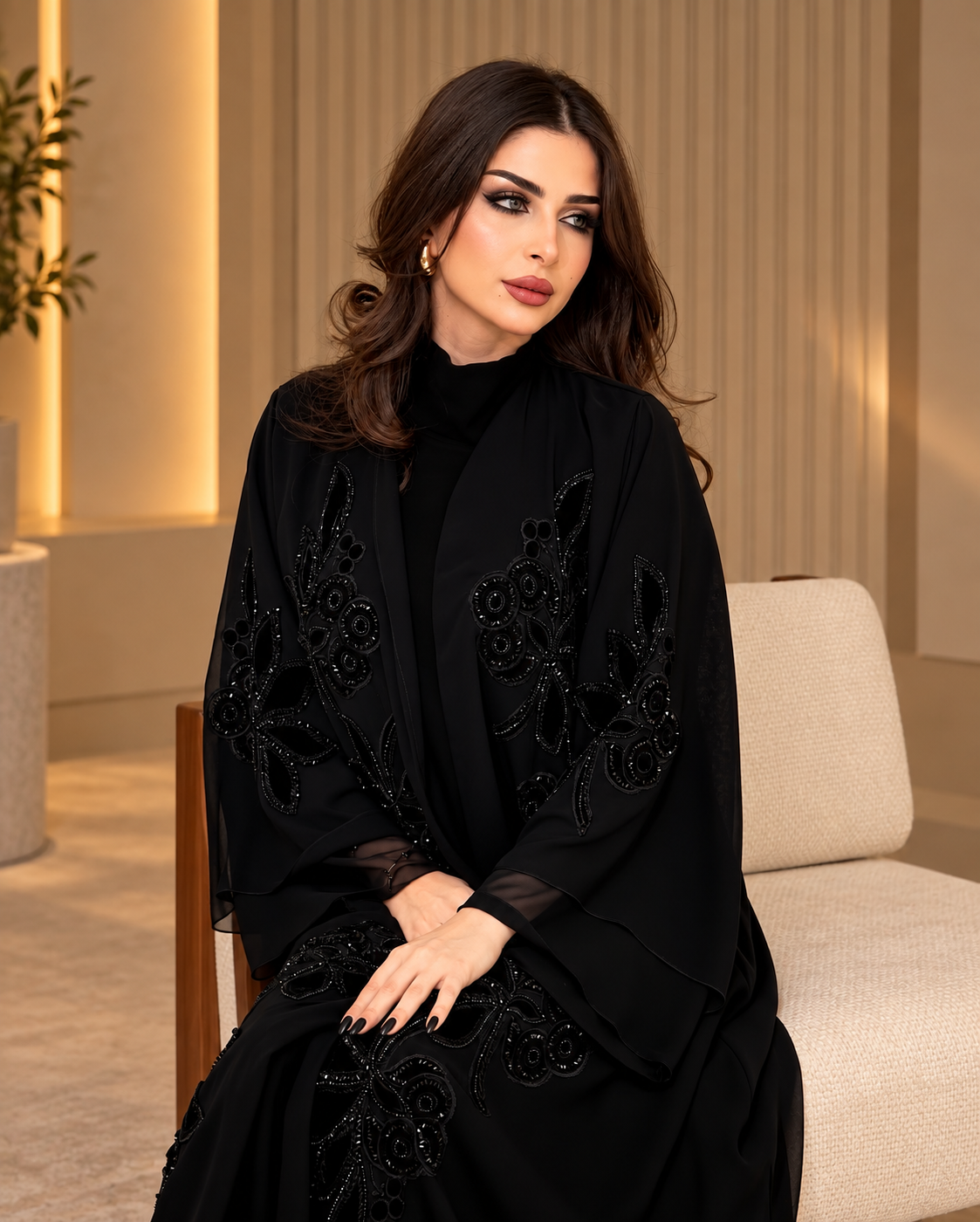 Double layer chiffon Black Floral Embroidered Abaya -  0926198