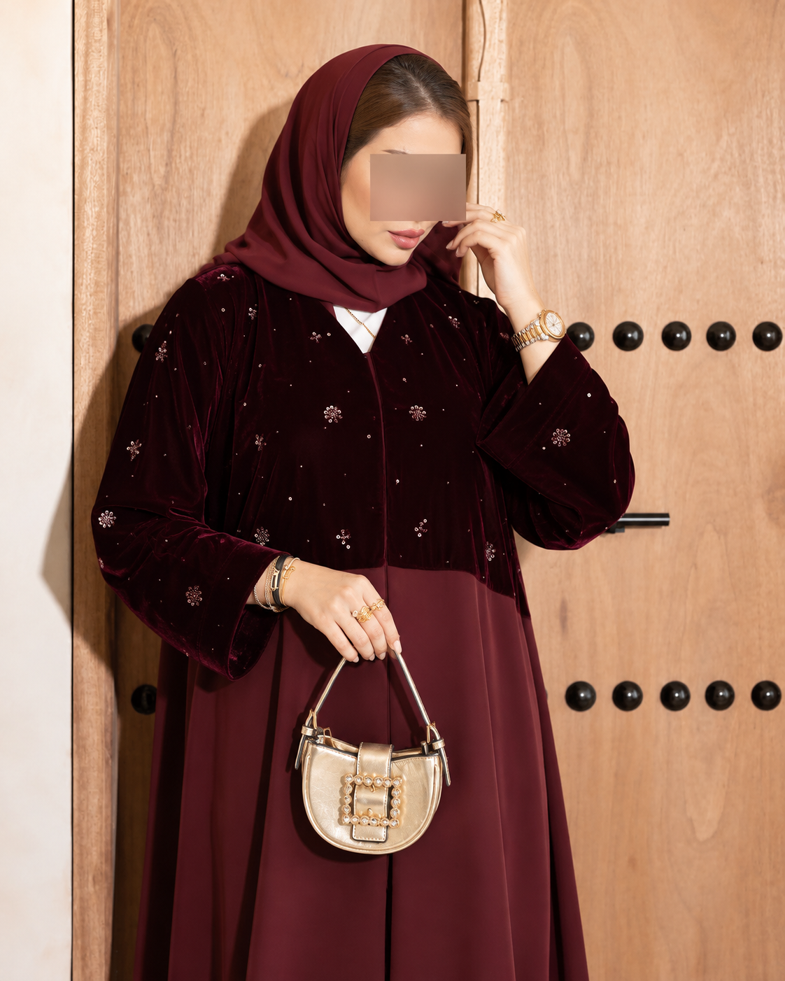 Maroon Velvet & Nida Embellished Abaya Set - 0926200