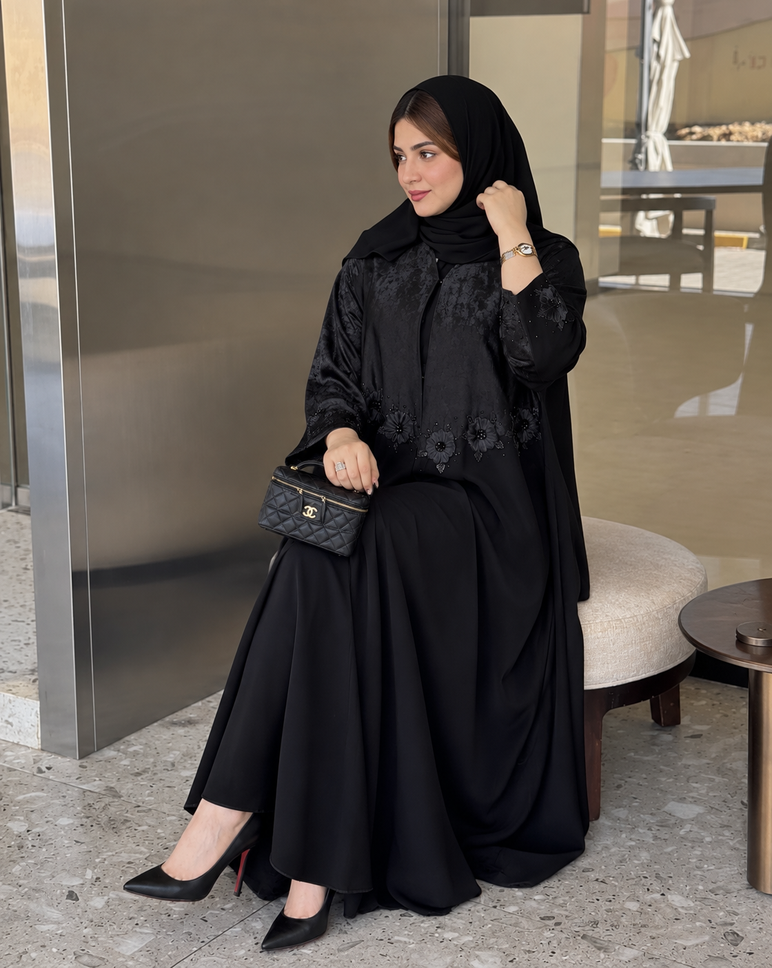 Black Ajwa & Turkish Silk Floral Embellished Abaya - 0926201