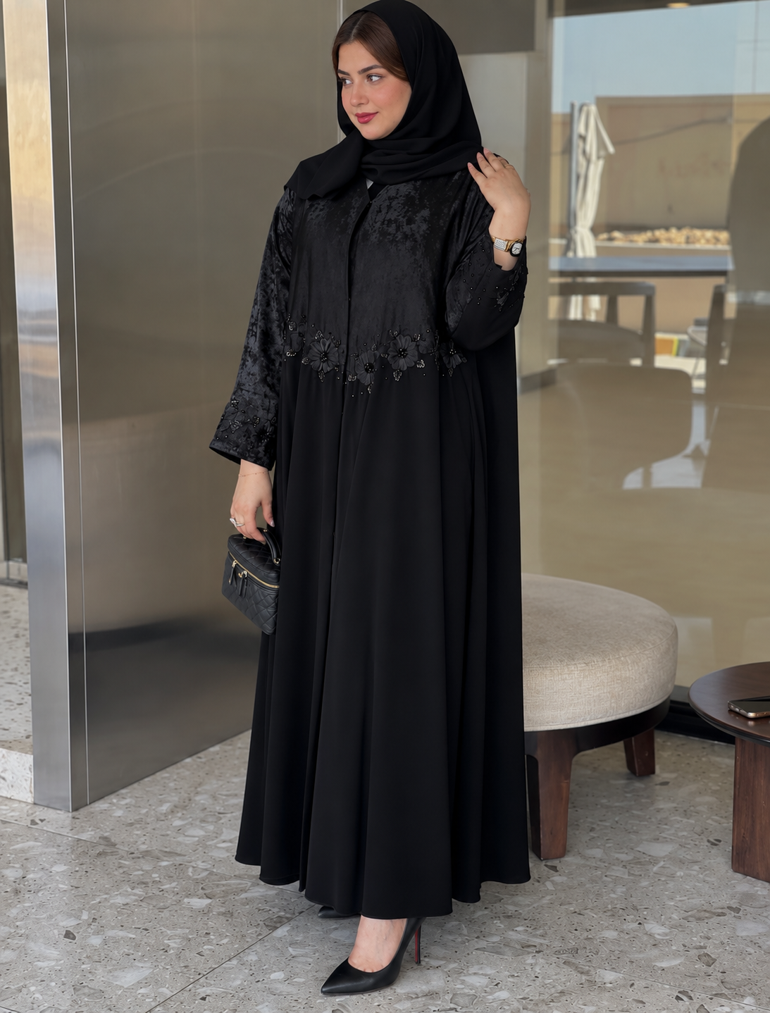 Black Ajwa & Turkish Silk Floral Embellished Abaya - 0926201