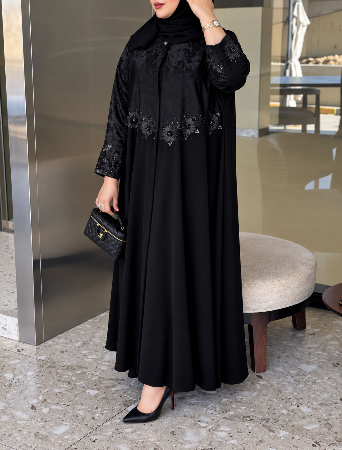 Black Ajwa & Turkish Silk Floral Embellished Abaya - 0926201