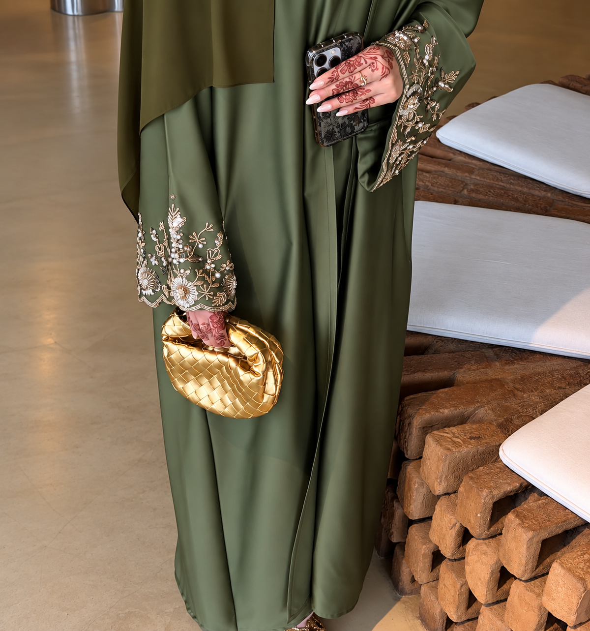 Olive Serenity Armani Silk Abaya Set - 0926202