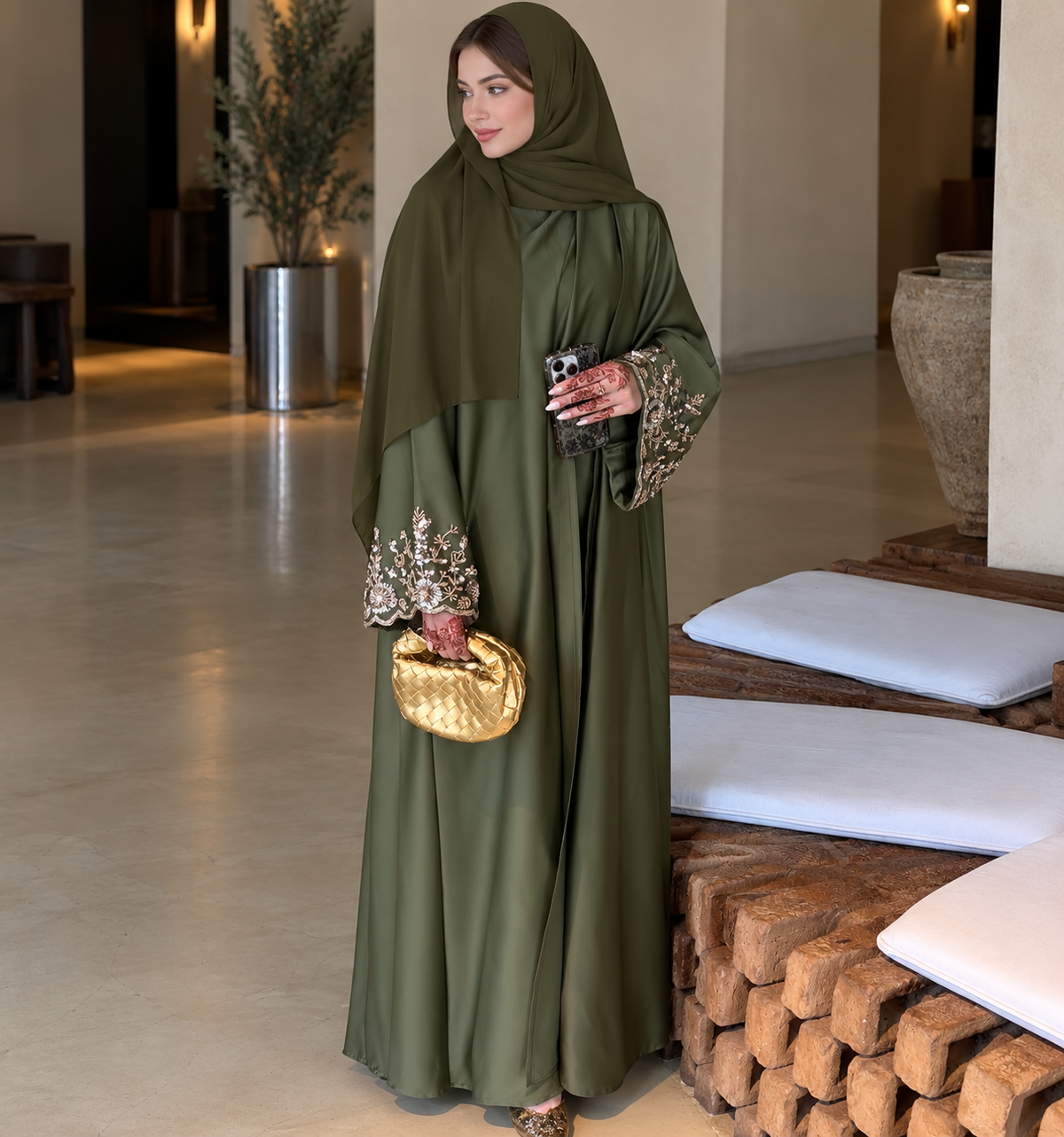 Olive Serenity Armani Silk Abaya Set - 0926202