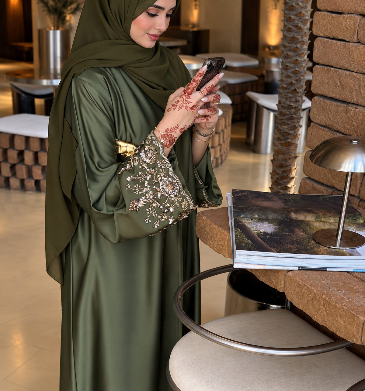 Olive Serenity Armani Silk Abaya Set - 0926202
