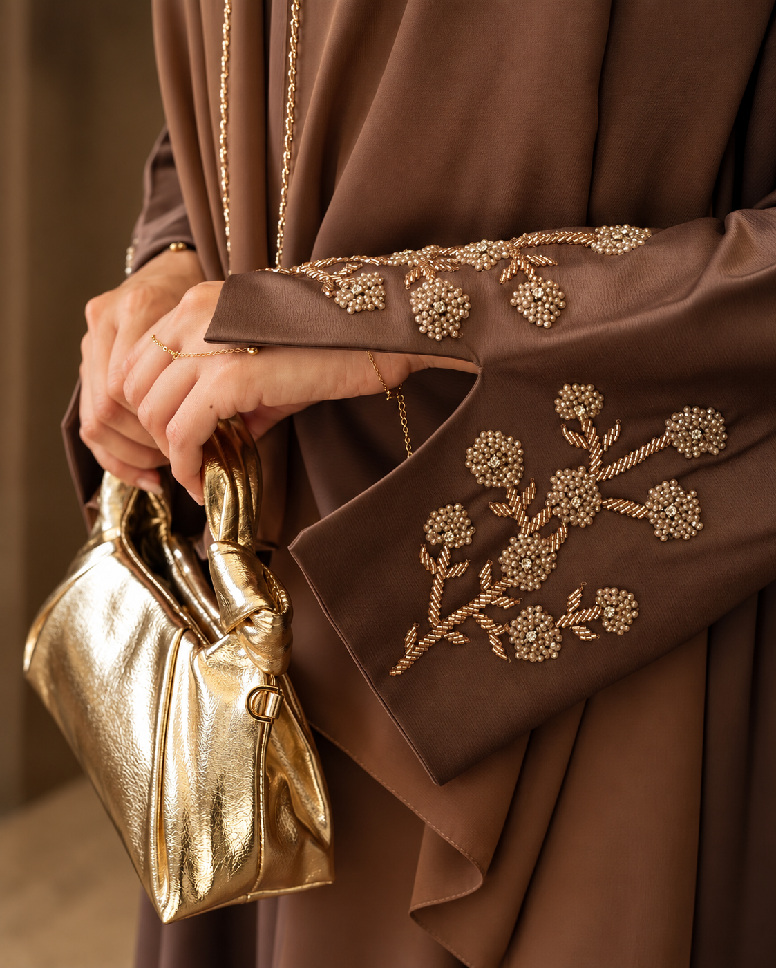 Mocha Bloom Armani Silk Abaya - 0926204