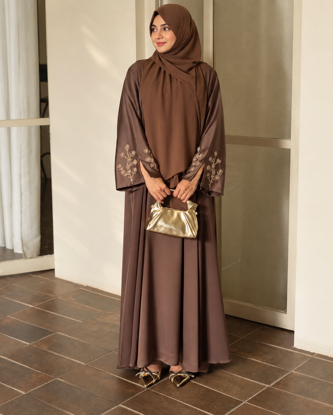 Mocha Bloom Armani Silk Abaya - 0926204